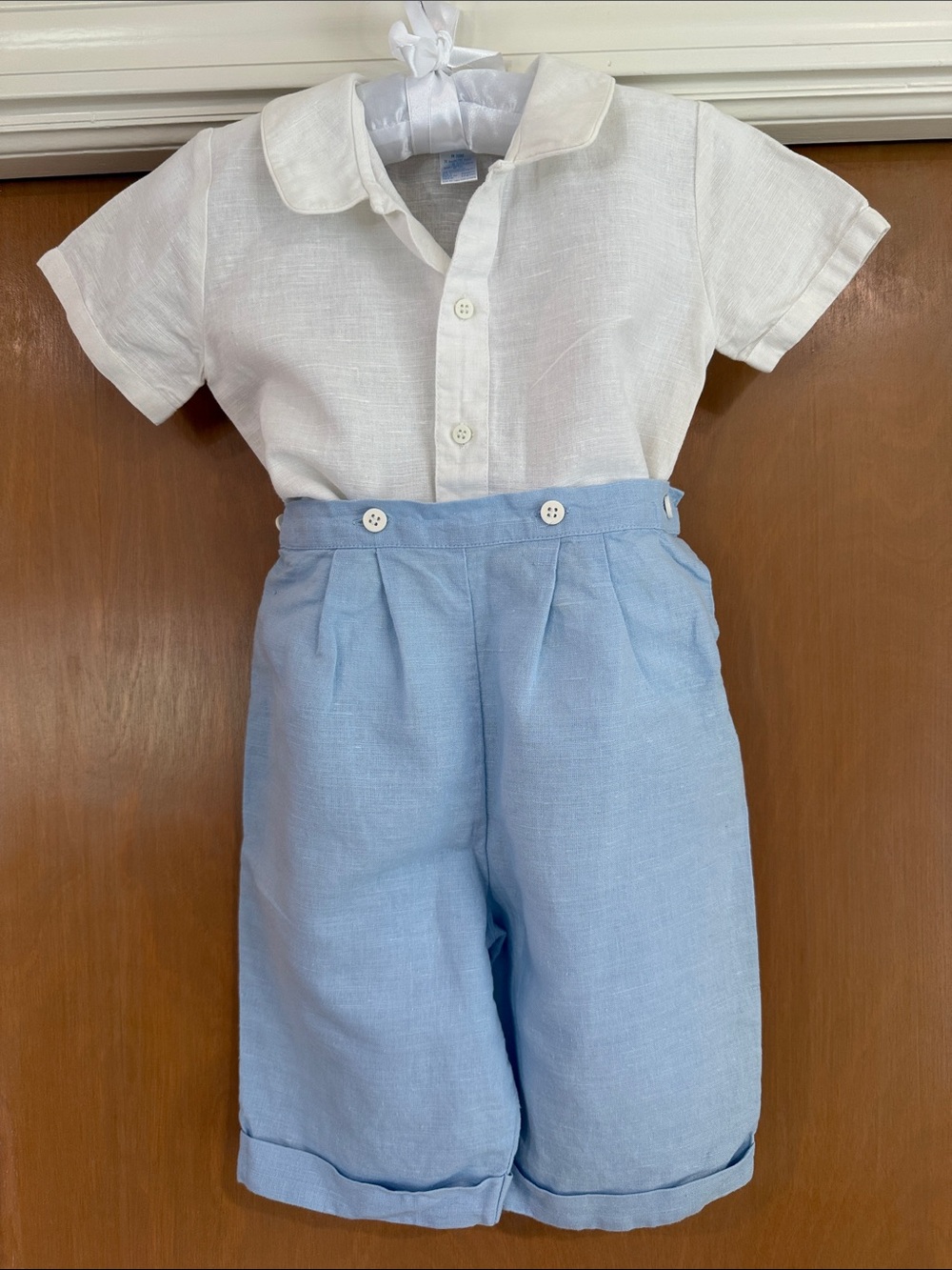 Classic Two-Piece Linen One-Piece for Kids in White and Light Blue